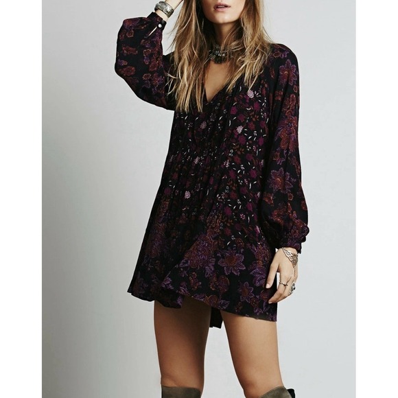 Free People Dresses & Skirts - Free People Mini Tunic Dress Women Size XS Lucky Loosey Black Floral Tassel Tie